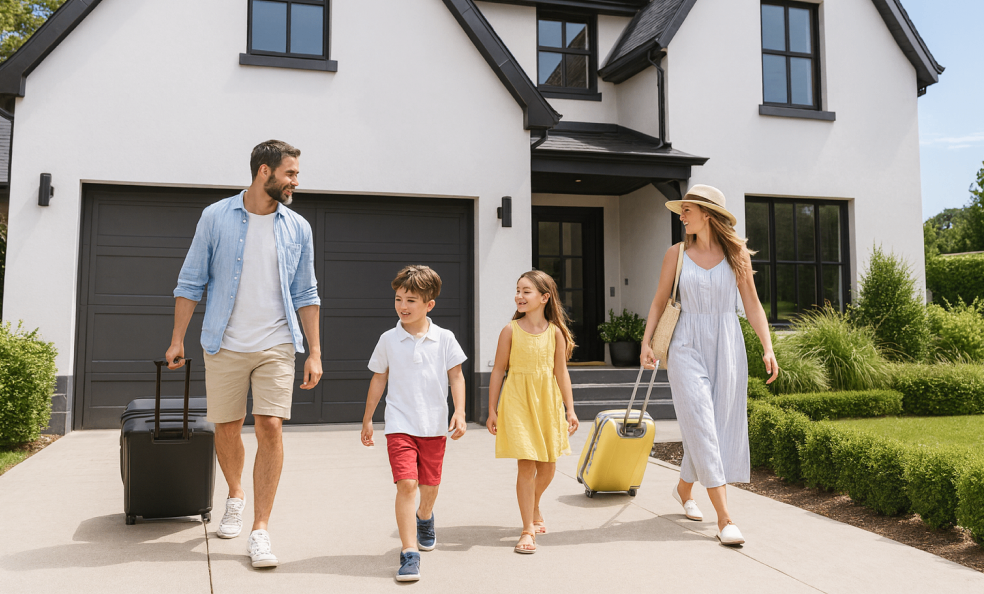 Family of four walking on driveway of modern house, each pulling a suitcase.