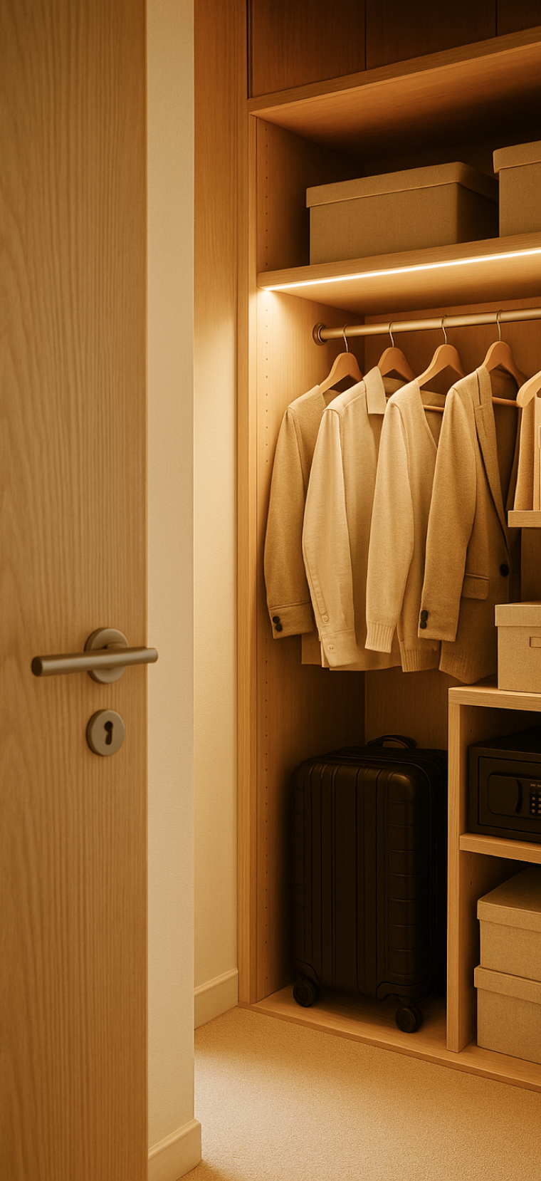 Wooden closet with beige jackets hanging on a rod, a black suitcase on the floor, storage boxes on shelves, and a safe.
