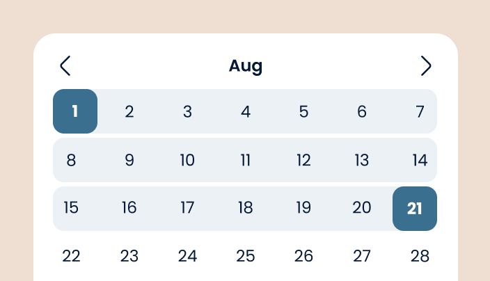 Calendar view of August showing dates 1 to 28 with the 1st and 21st highlighted in blue.
