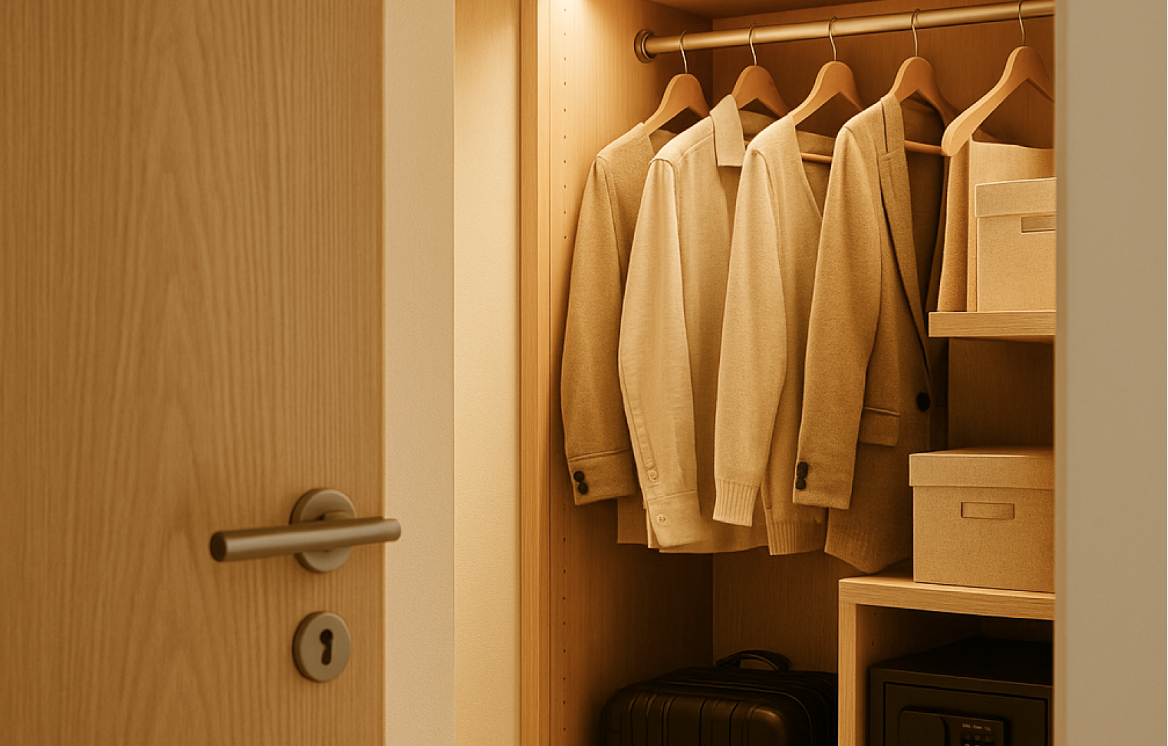 Wooden closet with beige jackets hanging on a rod, a black suitcase on the floor, storage boxes on shelves, and a safe.