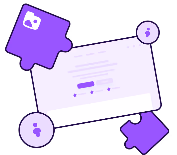 Illustration of two purple puzzle pieces and a card with user icons, symbolizing collaboration or teamwork.