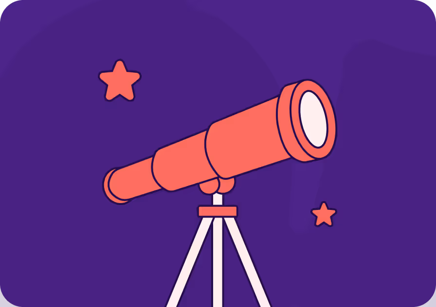 Illustration of a red telescope on a tripod against a dark purple background with two red stars.