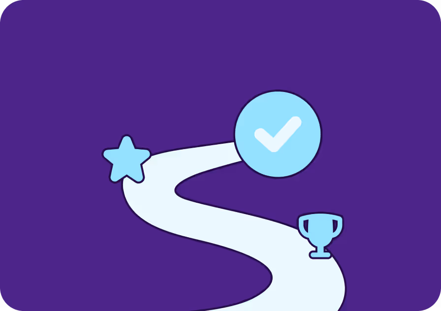 A winding path with a star at the start, a checkmark in a circle along the way, and a trophy at the end on a purple background.