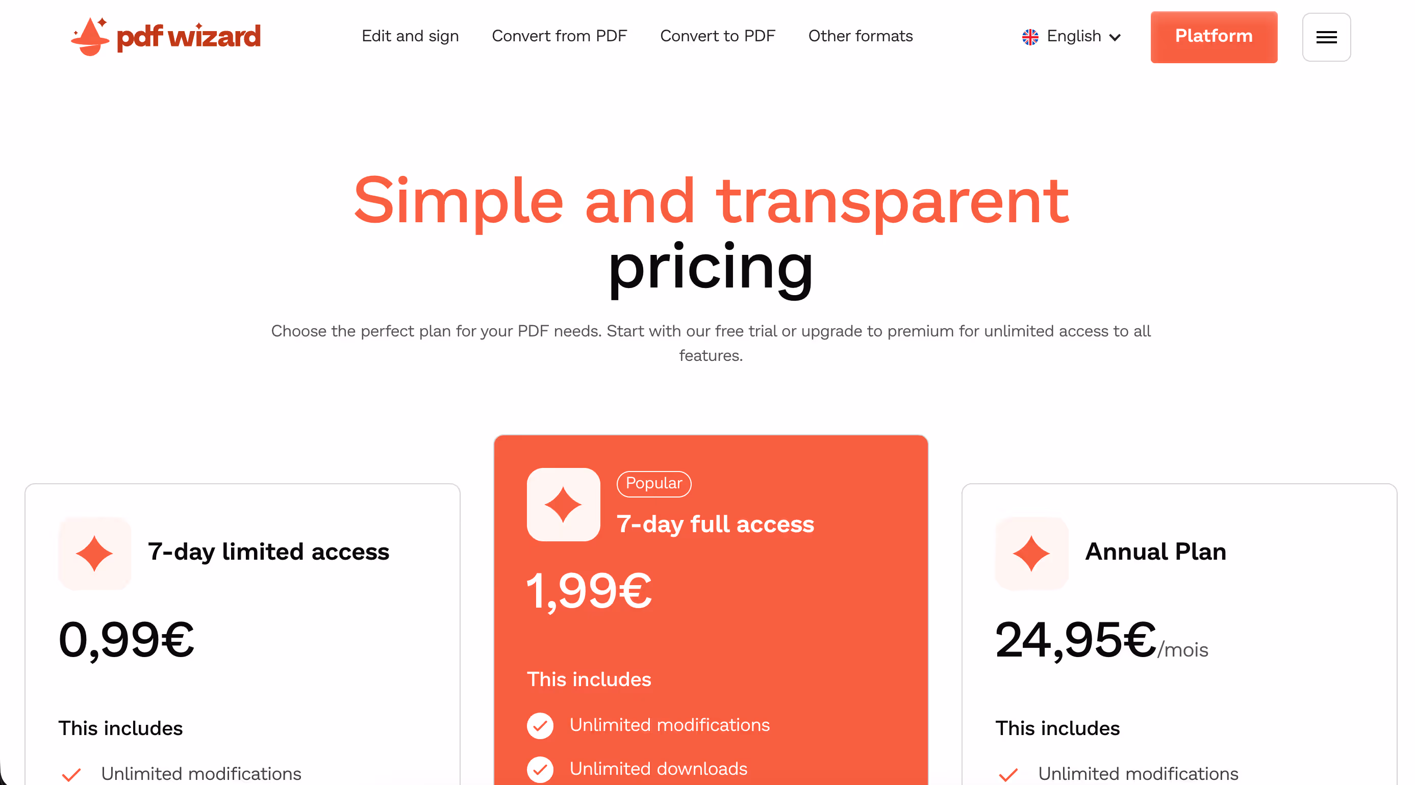 PDF Wizard pricing plans with options for 7-day limited access (€0.99), 7-day full access (€1.99) marked popular, and an annual plan (€24.95 per month).