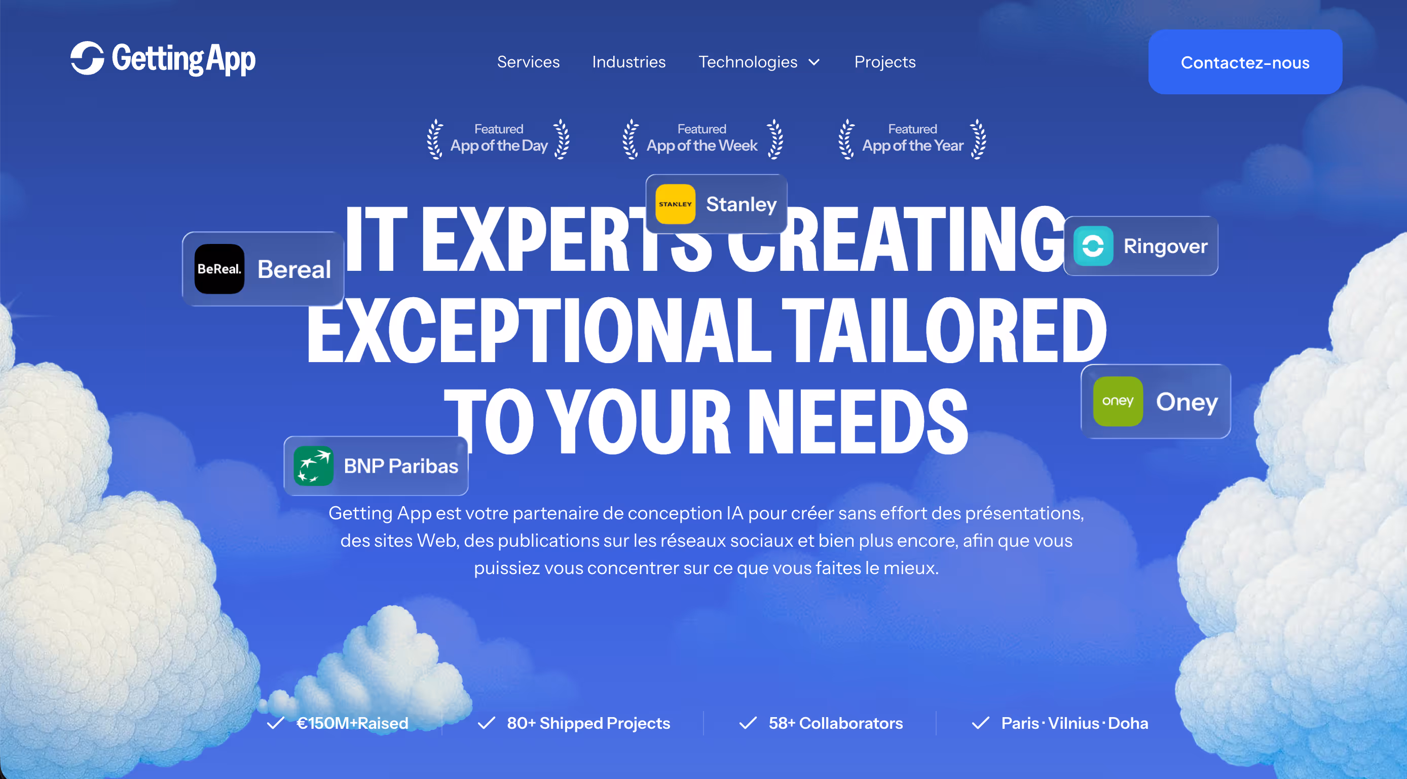 GettingApp website header with IT experts creating tailored solutions, logos of Bereal, Stanley, Ringover, BNP Paribas, and Oney, and key stats at the bottom.