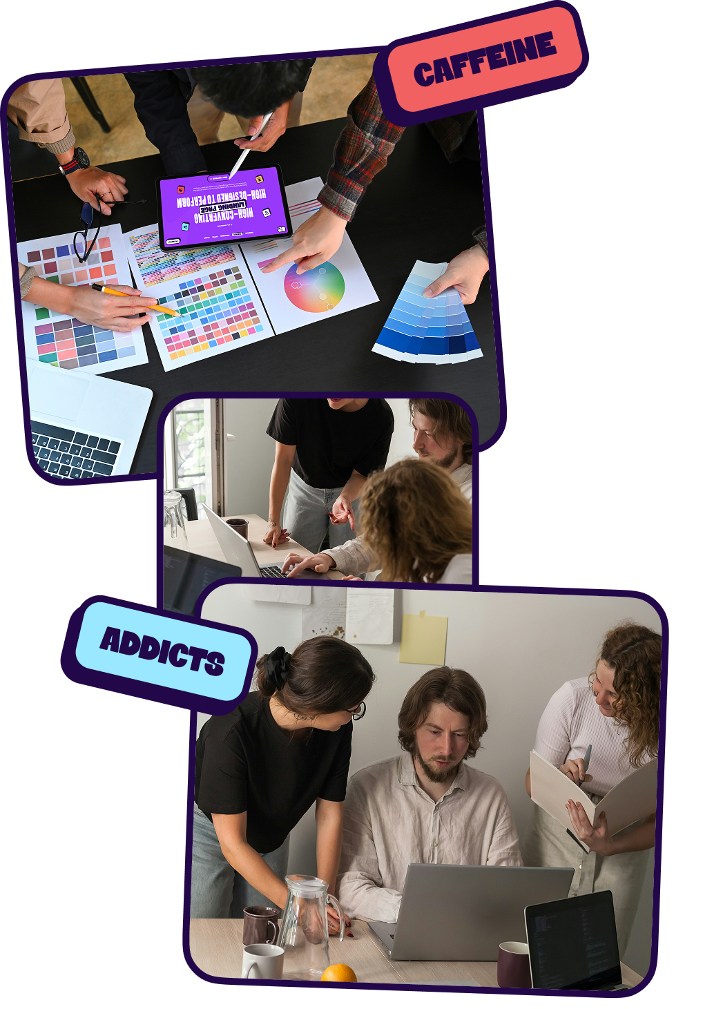 Two photos showing a collaborative team working with color swatches and digital tools, alongside a modern office shelf with people engaged in discussion.