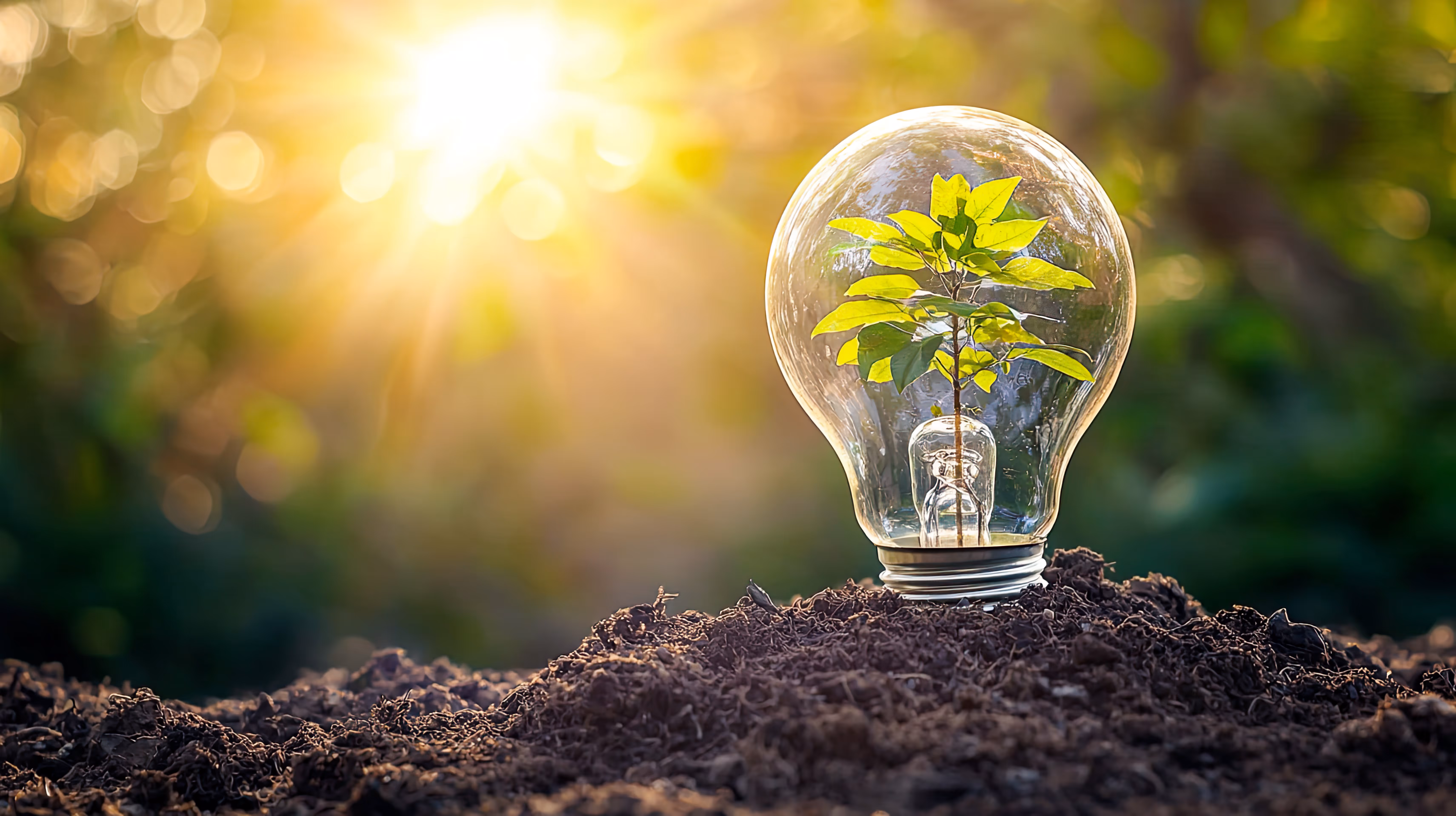 Glühbirne mit einem wachsenden Pflänzchen darin, auf Erde stehend, mit Sonnenlicht im Hintergrund.