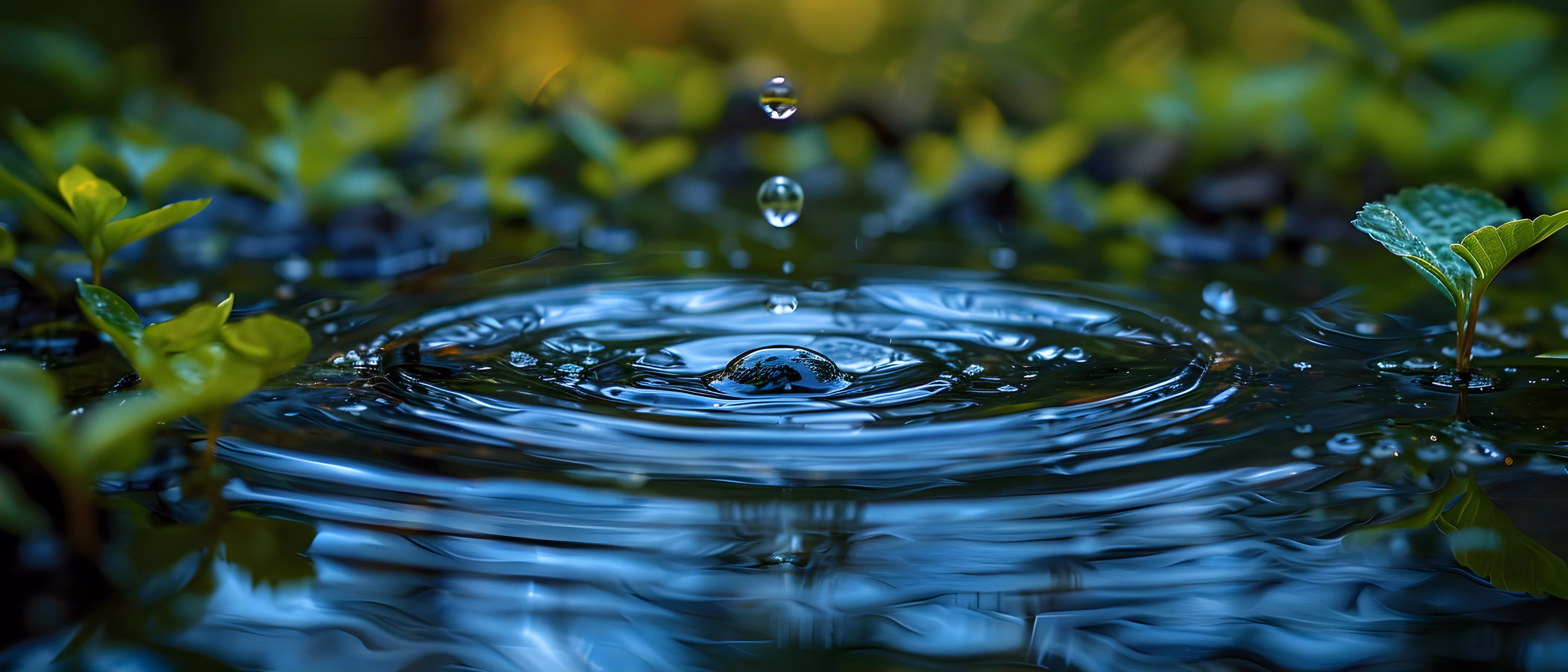 Wassertropfen fallen und erzeugen konzentrische Kreise auf der Wasseroberfläche, umgeben von grünen Blättern.
