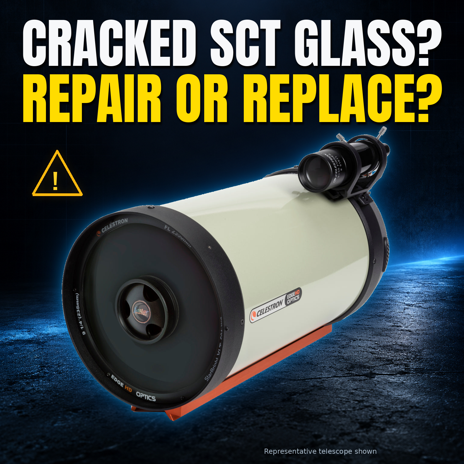 Representative Celestron telescope beside the headline “Cracked telescope glass? Repair or replace?”