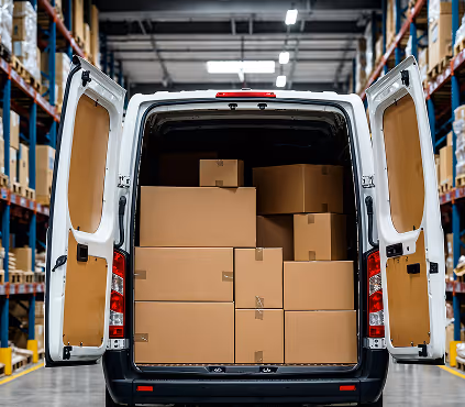 White delivery van with rear doors open, loaded with stacked cardboard boxes inside a warehouse aisle.