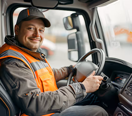 Smiling male truck driver wearing a cap and orange safety vest sitting in the driver's seat holding the steering wheel.