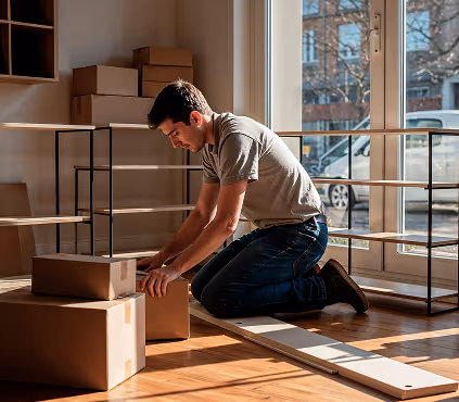 Man kneeling on a wooden floor assembling or organizing a metal shelving unit near a window with stacked cardboard boxes around him.