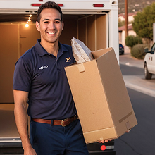 Two men loading cardboard boxes into the back of a white van, one wearing a yellow safety vest.