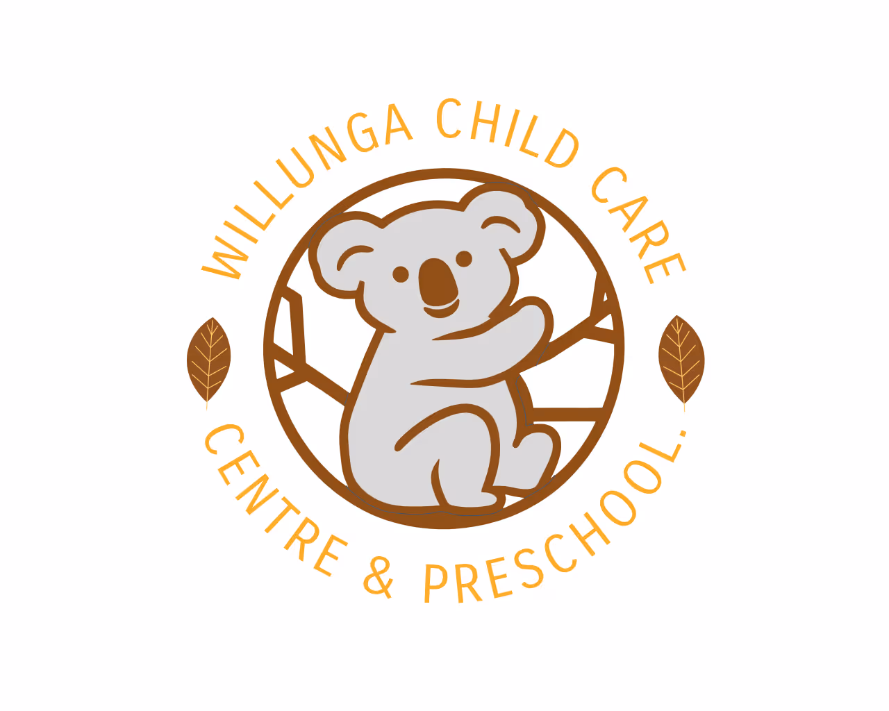 Logo of Willunga Child Care Centre & Preschool featuring a gray koala hugging a tree branch within a circular frame with two leaves on sides.