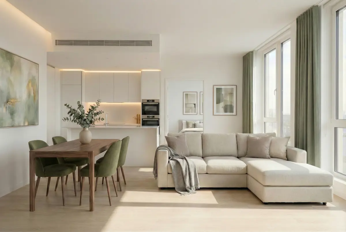 Bright furnished apartment interior with dining area and soft natural daylight, representing rental properties.