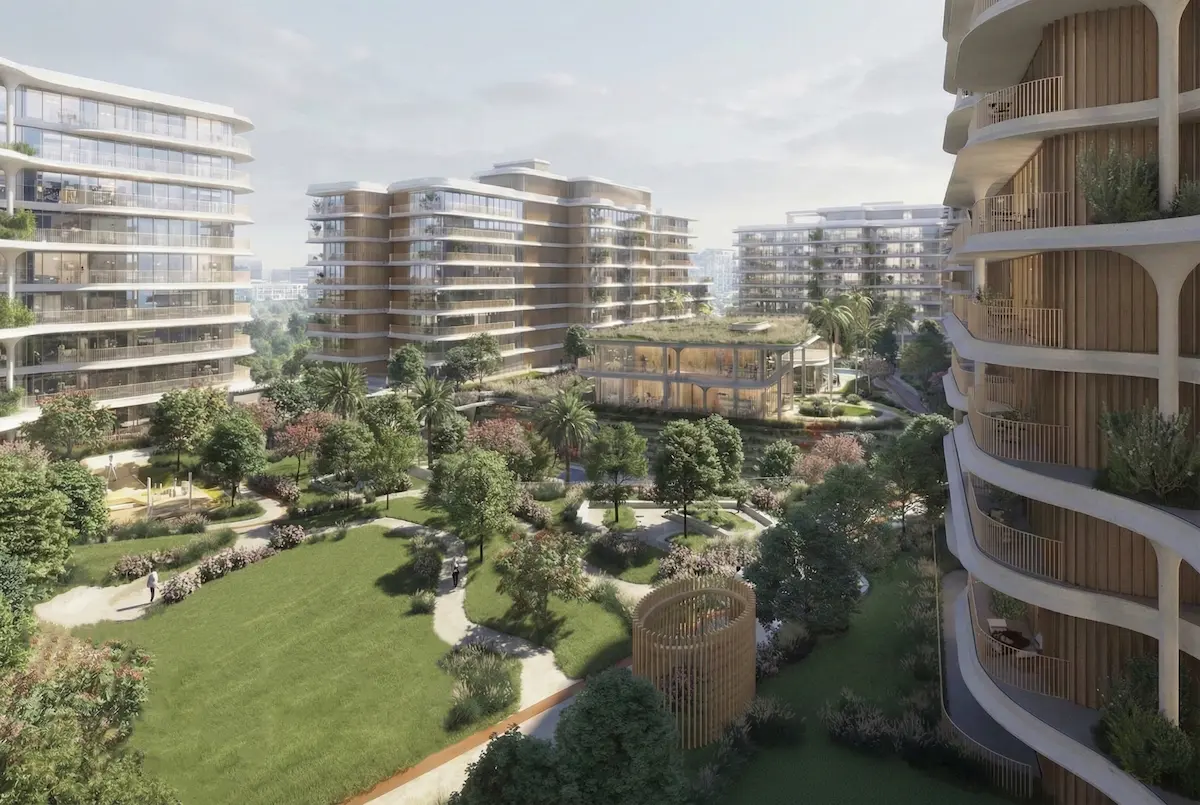 Photorealistic render of a modern residential complex with landscaped courtyard, representing off-plan investments.