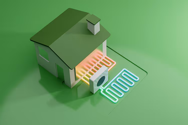 3D illustration of a green house with an external heat pump showing colored pipes representing heating and cooling systems.