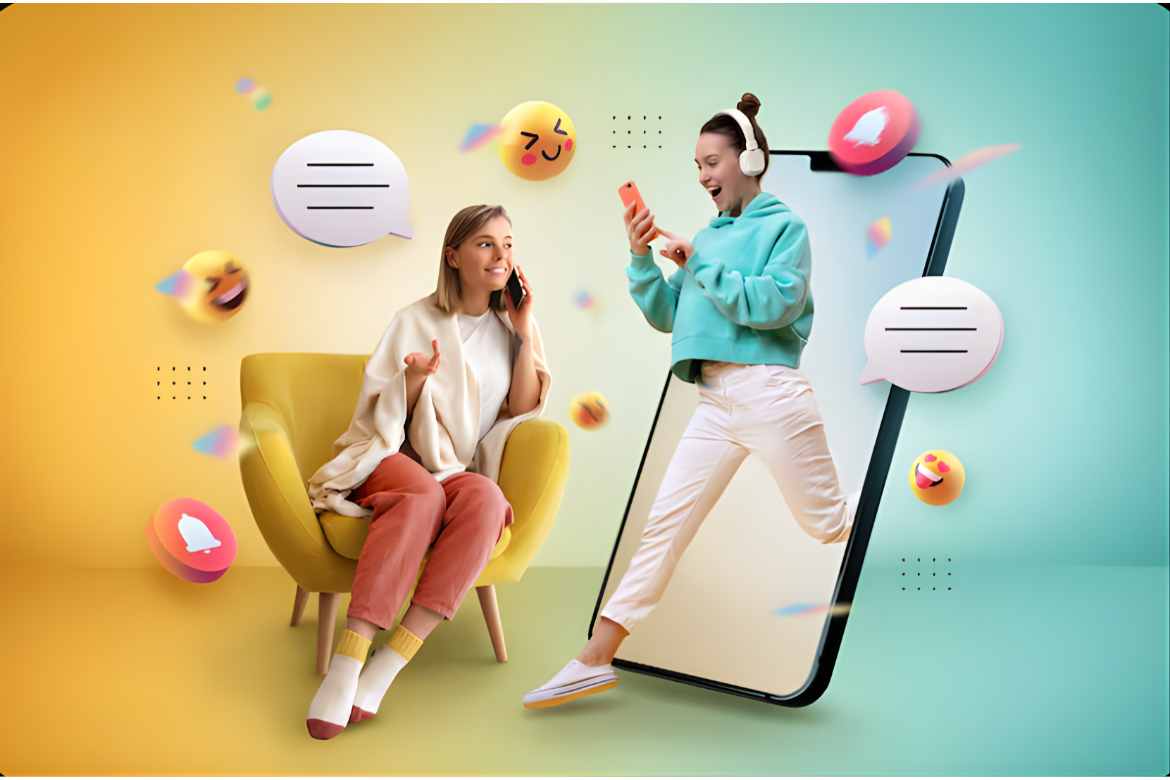 Two young women communicating via smartphones with emoji and chat bubbles around them, one sitting in a yellow chair and the other coming out of a large phone screen wearing headphones.