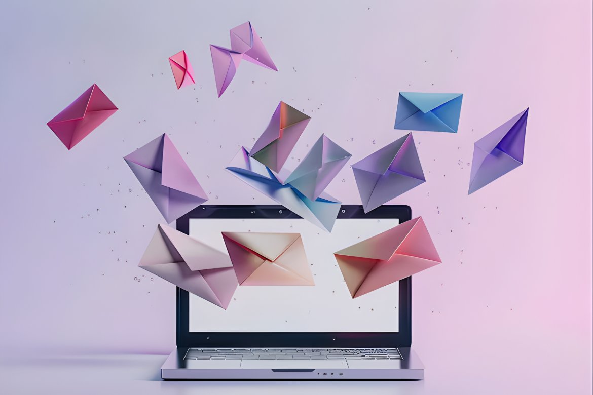 Colorful paper envelopes flying out of an open laptop with a blank screen against a soft purple background.