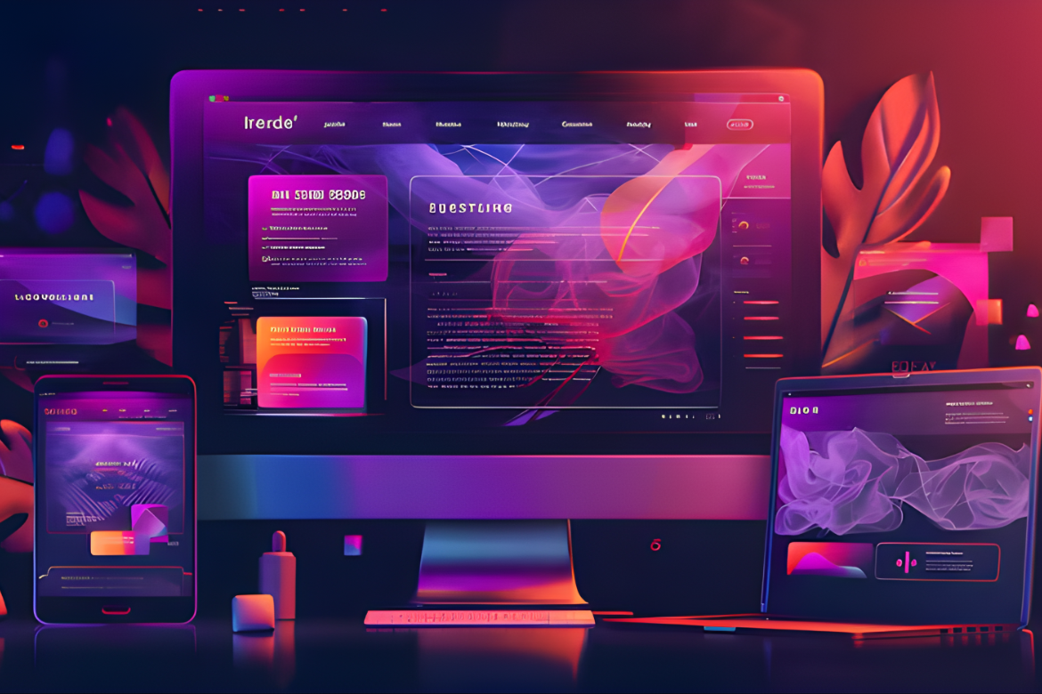 A futuristic digital workspace with a desktop monitor, tablet, and laptop displaying abstract purple and pink data visualizations and user interfaces on a dark background.