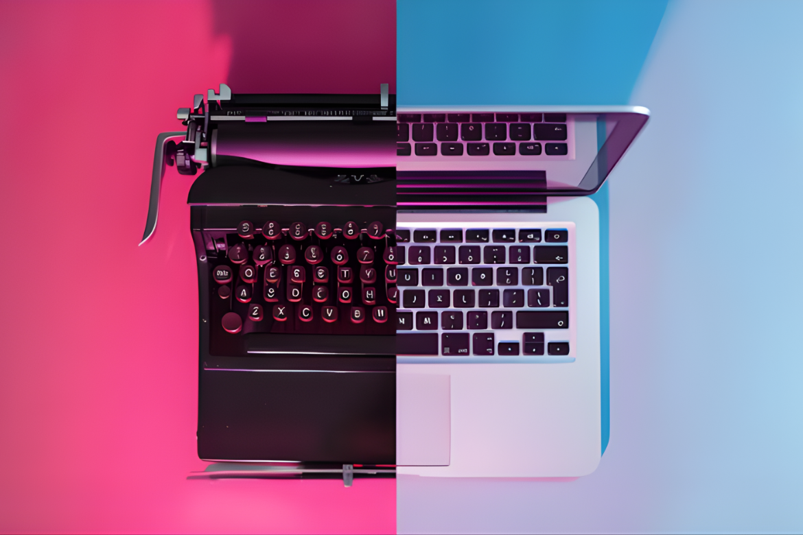 Top-down view of a hybrid keyboard, with the left half as a vintage typewriter on a pink background and the right half as a modern laptop keyboard on a blue background.