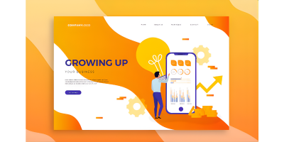 Website landing page illustration showing a person analyzing graphs on a large smartphone with symbols of lightbulb, gears, and upward arrow representing business growth.
