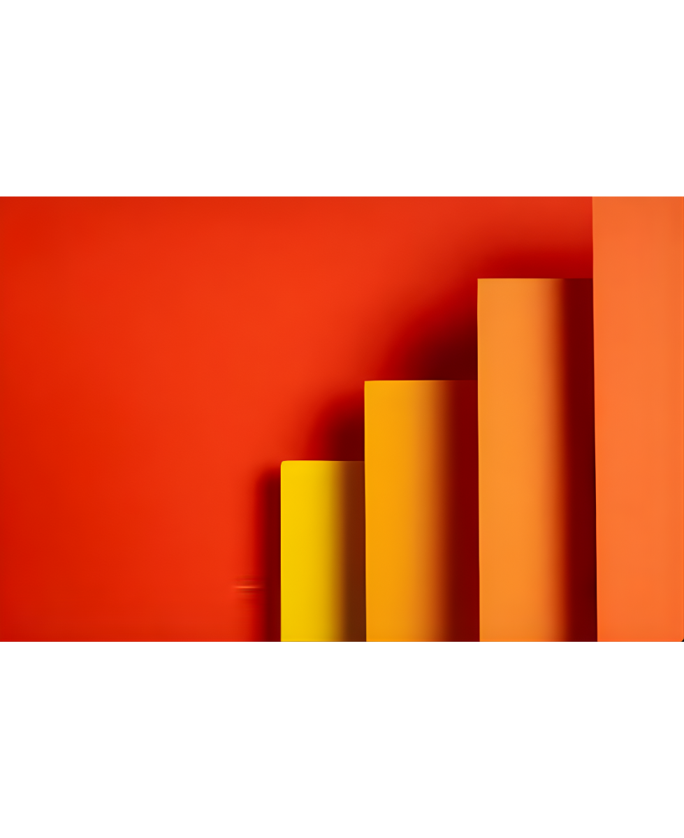 Four vertical bars in ascending height order with colors ranging from yellow to orange against a red background.