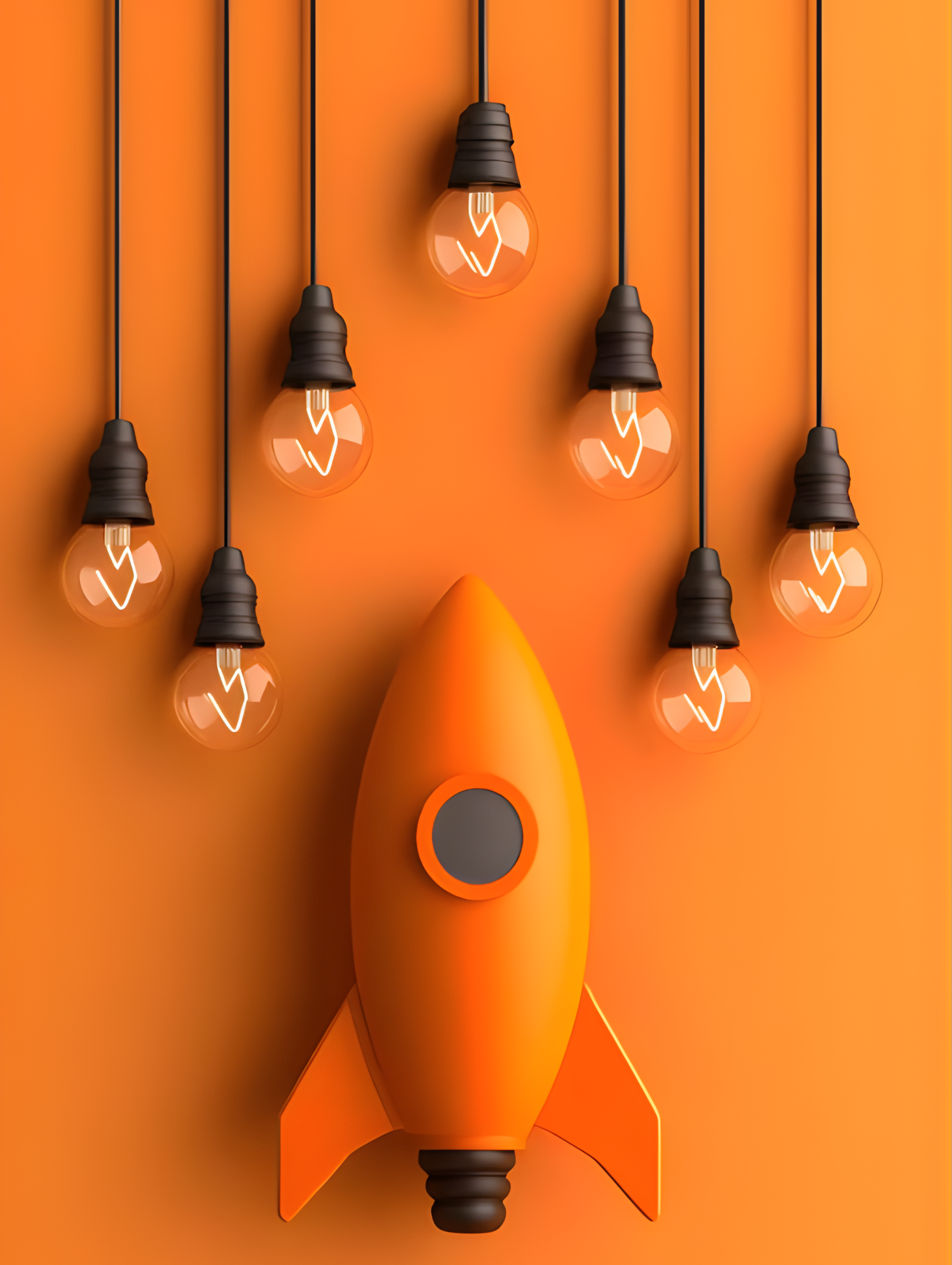Orange toy rocket placed against an orange background with seven hanging vintage light bulbs above it.