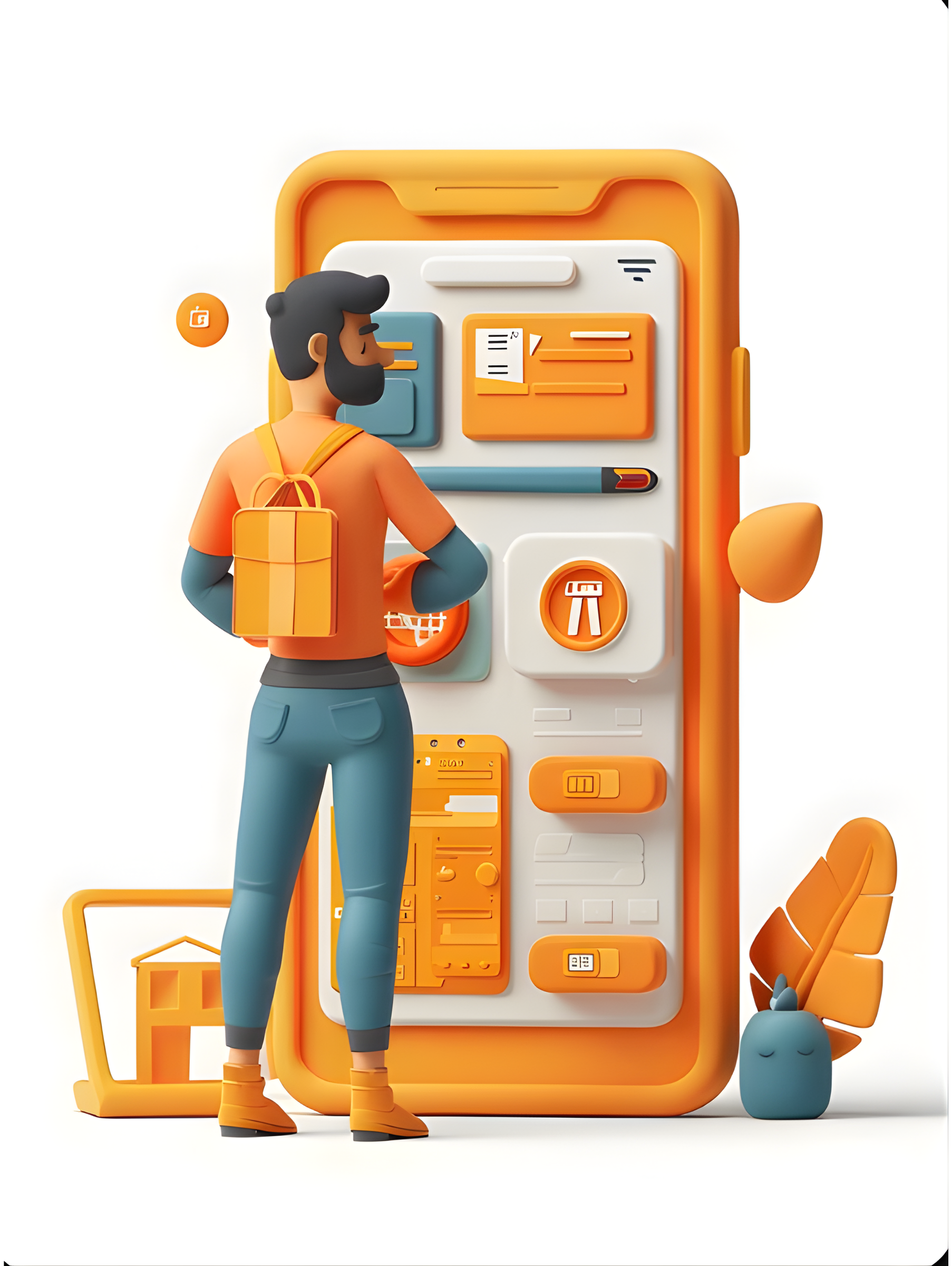 3D illustration of a man with a backpack standing in front of a giant smartphone displaying various app icons and interface elements in orange and blue tones.