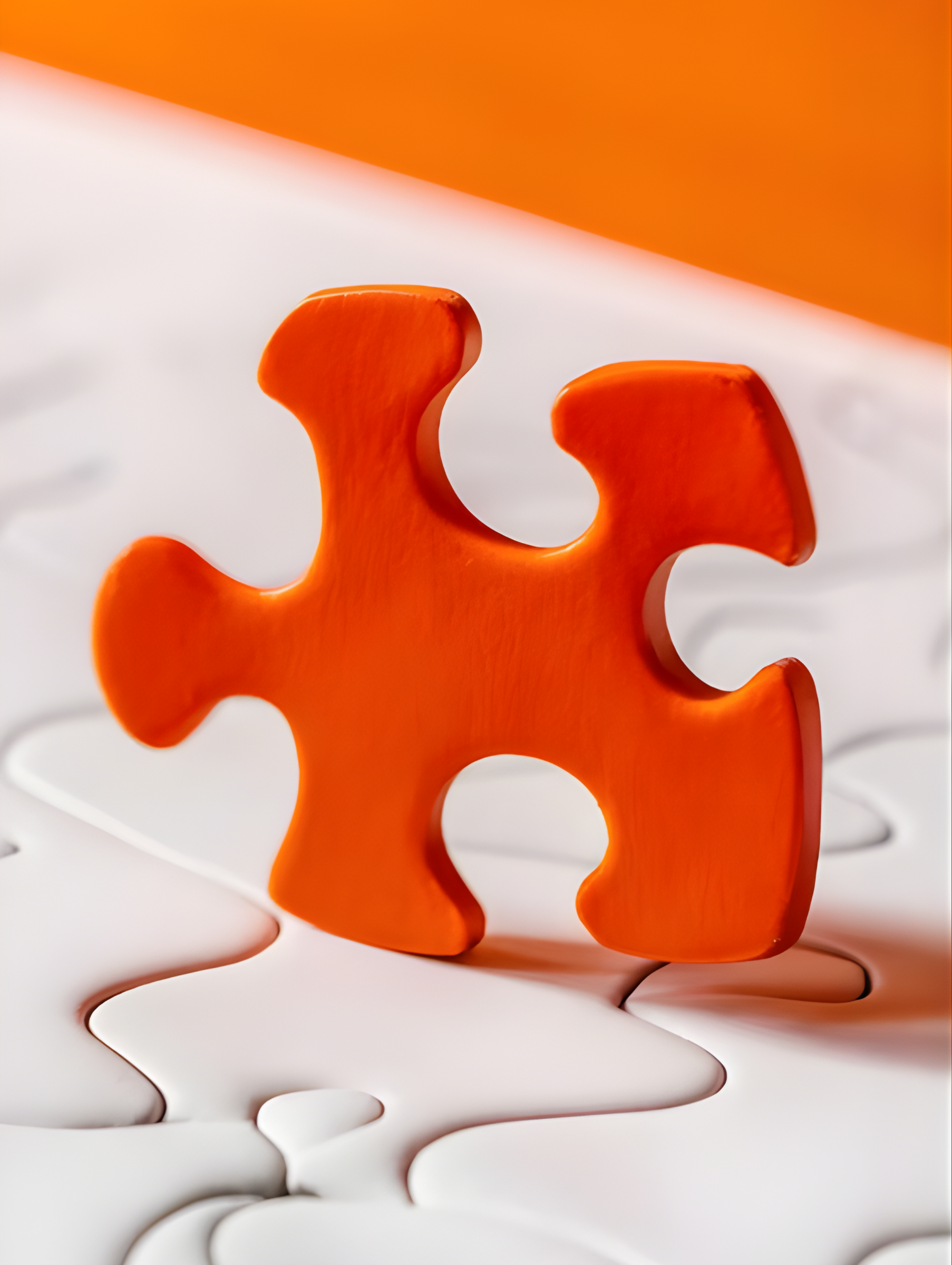 Bright orange puzzle piece standing upright on a mostly completed white puzzle with an orange background.