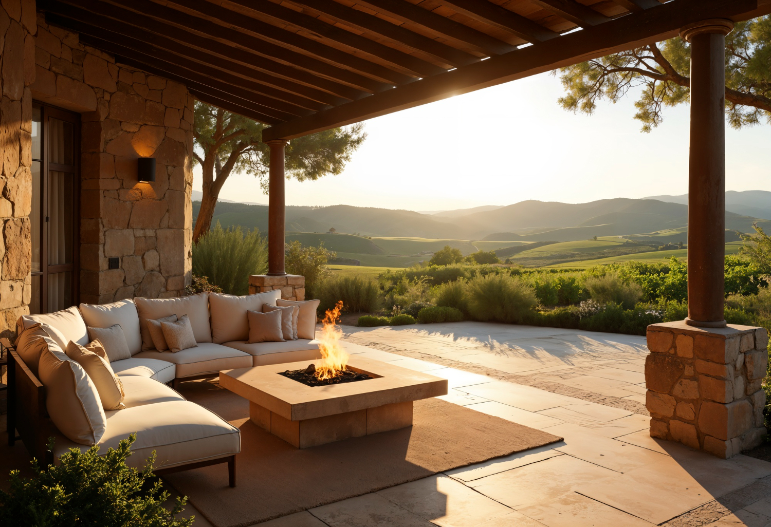Luxury covered patio with stone columns, beige sectional seating around fire table, overlooking rolling hills at sunset
