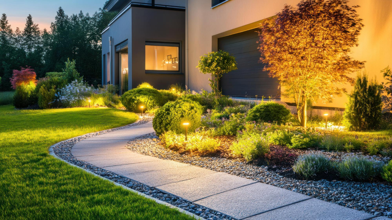 Modern home exterior with curved concrete walkway, landscape lighting, decorative shrubs, and contemporary gray siding at dusk