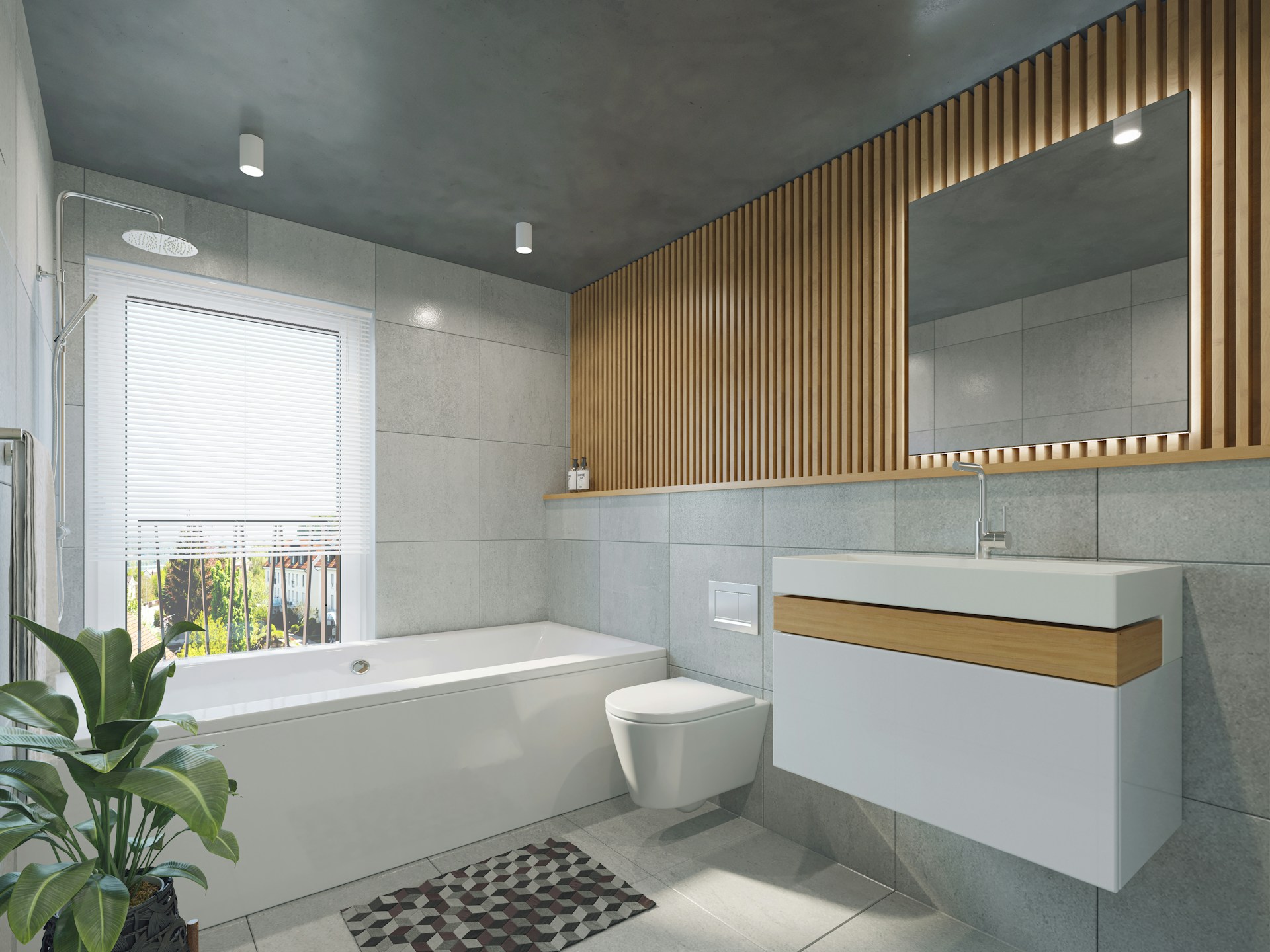 Modern bathroom with white bathtub, floating vanity with wood accents, gray tiles, and vertical wood slat feature wall