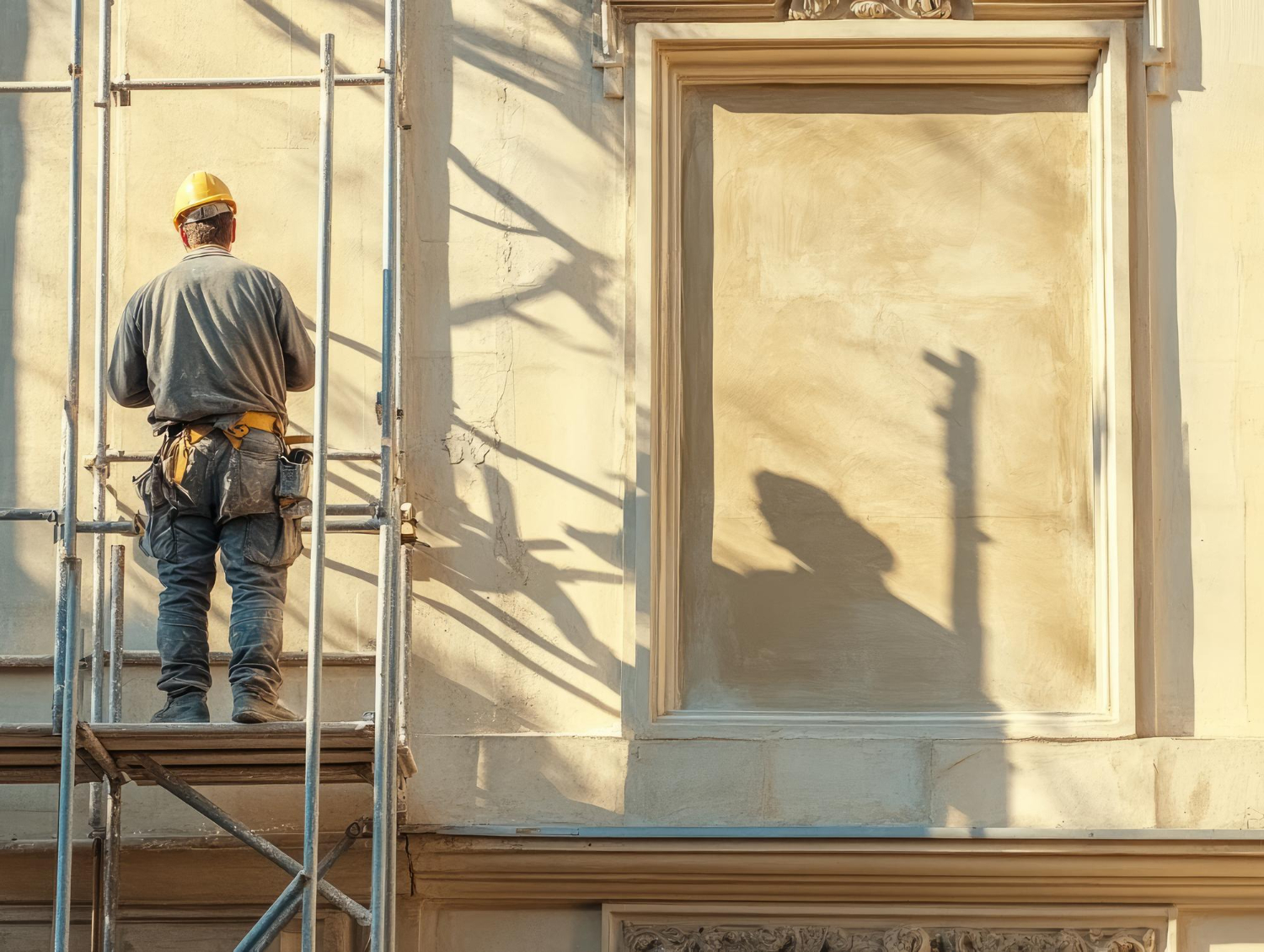 Exterior home remodeling contractor on scaffolding finishing facade upgrade