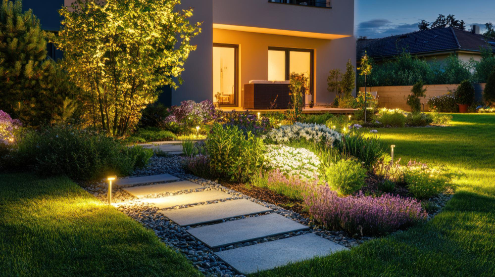 Exterior home renovation with outdoor lighting and landscaping Los Angeles