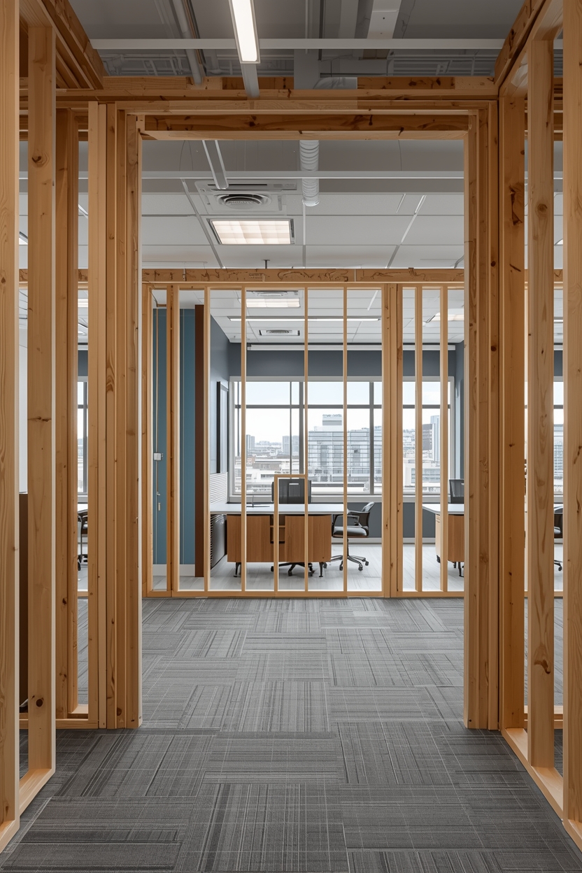 Modern office space with exposed natural wood framing and gray carpet tiles, featuring glass-walled conference rooms