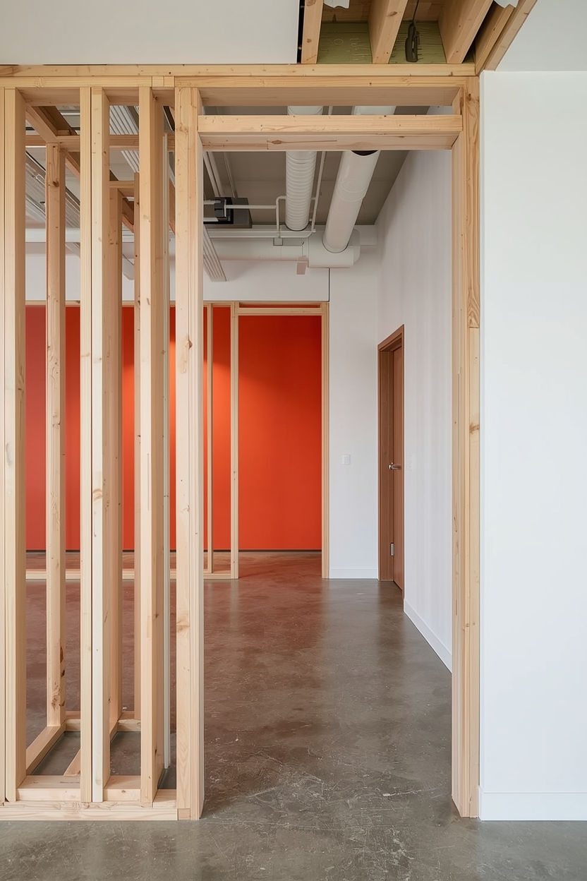 Commercial construction space with exposed light wood framing, white walls, bright orange accent wall, and polished concrete floors