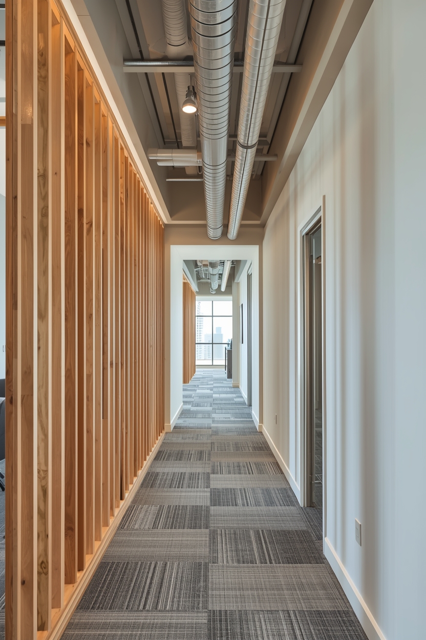Modern commercial hallway with exposed ductwork ceiling, wood slat wall, gray carpet tiles, and white walls leading to windowed office space
