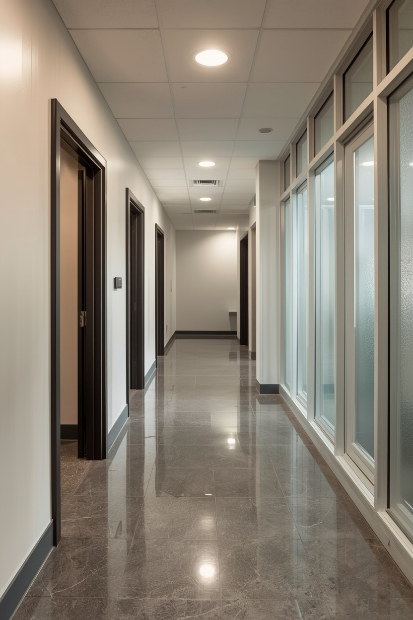 Modern commercial hallway with polished marble floors, white walls, dark wood doors, and large windows with natural light