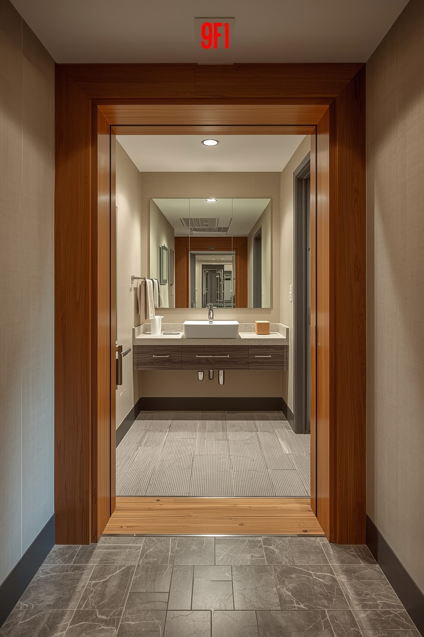 Modern commercial bathroom with wood-framed doorway, floating vanity, vessel sink, and ADA-compliant design features