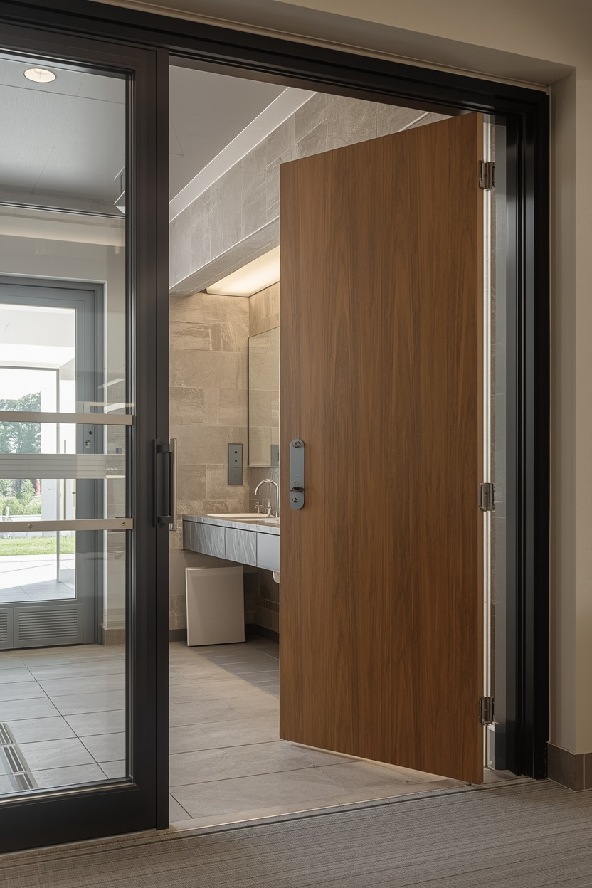 Modern commercial entrance with wood grain door, black metal frame, and ADA-compliant accessible design featuring clean lines