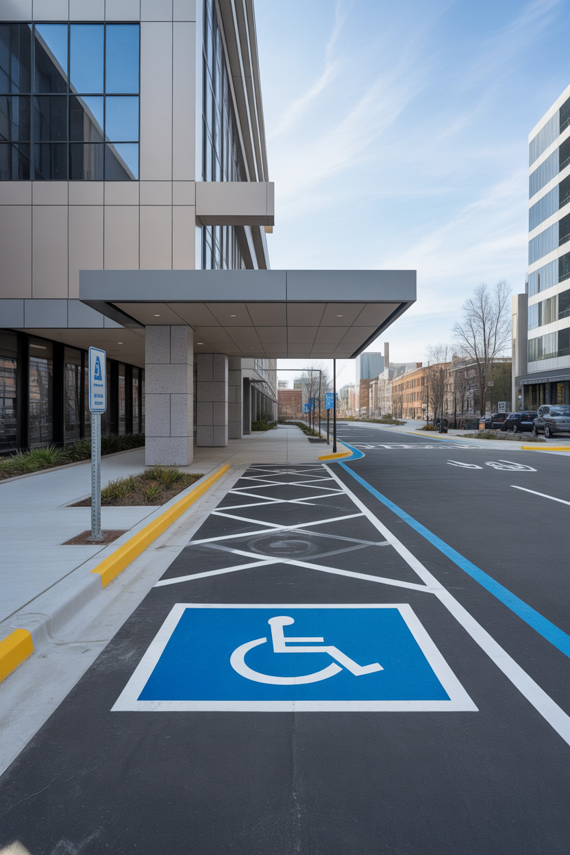 Modern commercial building entrance with accessible parking spaces, blue handicap symbol, concrete canopy, and glass facade