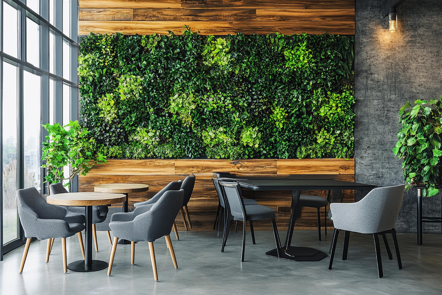 Modern restaurant interior with living green wall, wood accents, gray upholstered chairs, and industrial windows