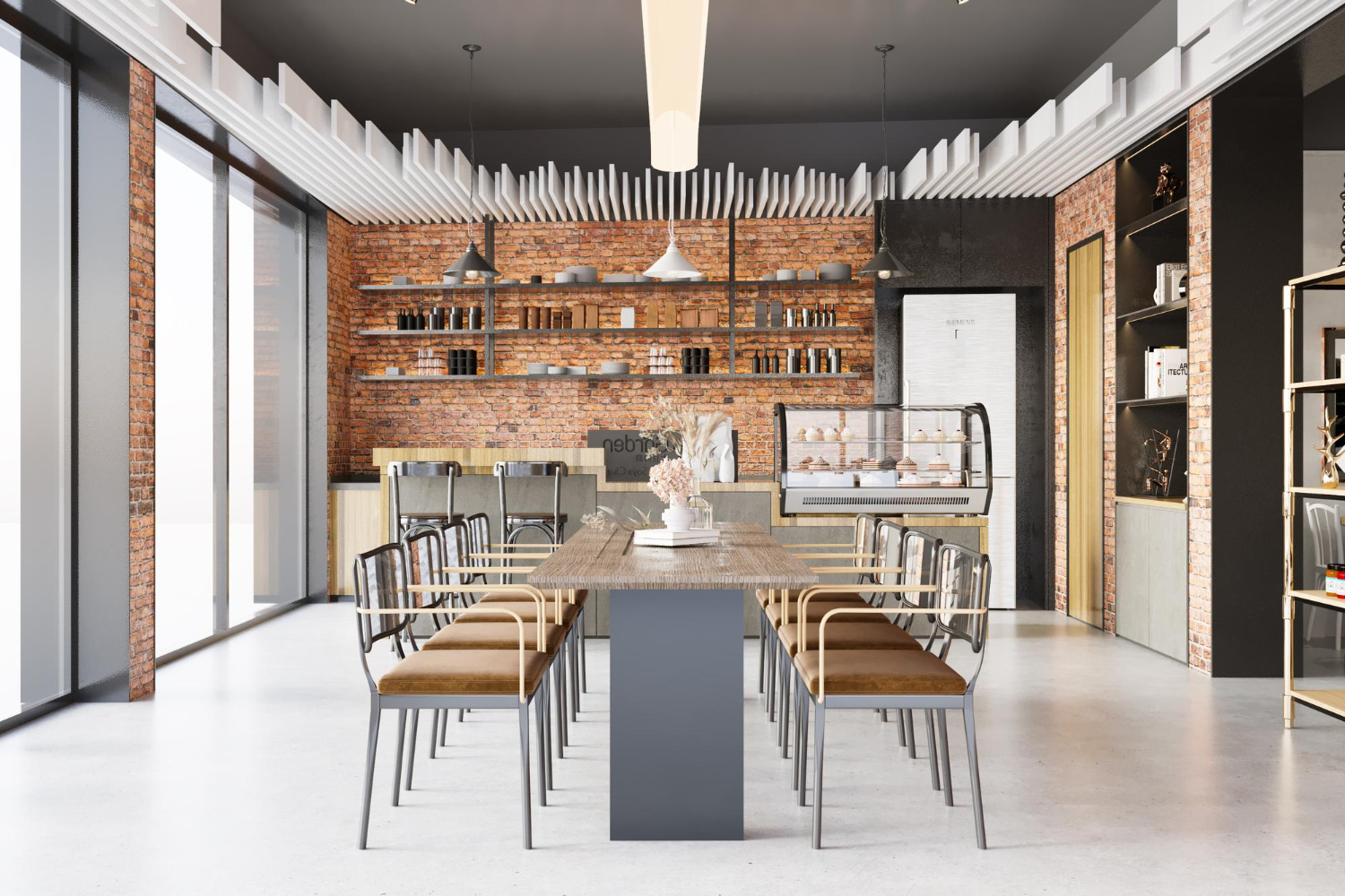 Modern industrial restaurant interior with exposed brick walls, white ceiling slats, metal chairs with wood seats, and glass display case.