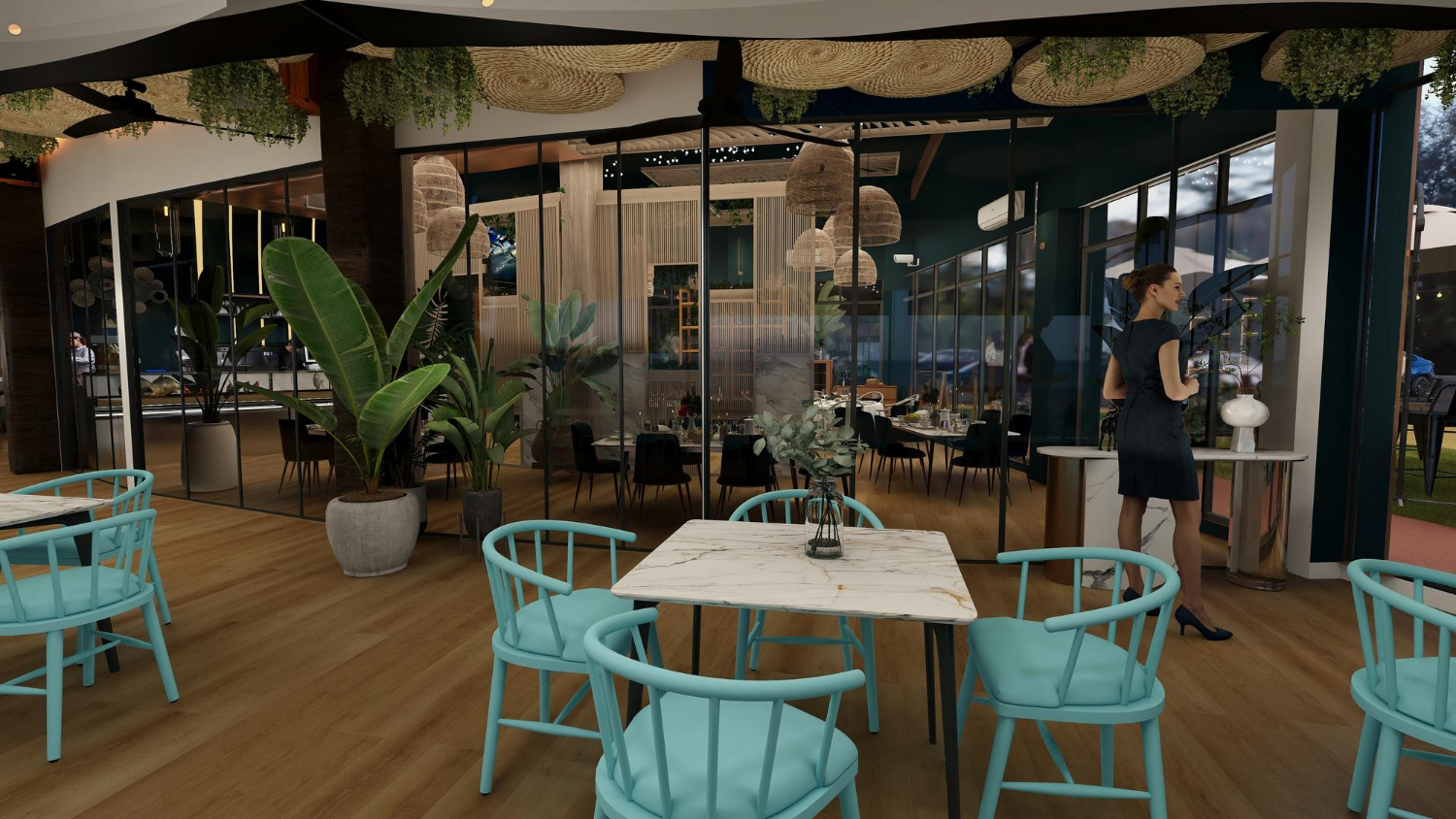 Modern restaurant interior with turquoise chairs, marble tables, dark green walls, wicker ceiling decor, and large windows