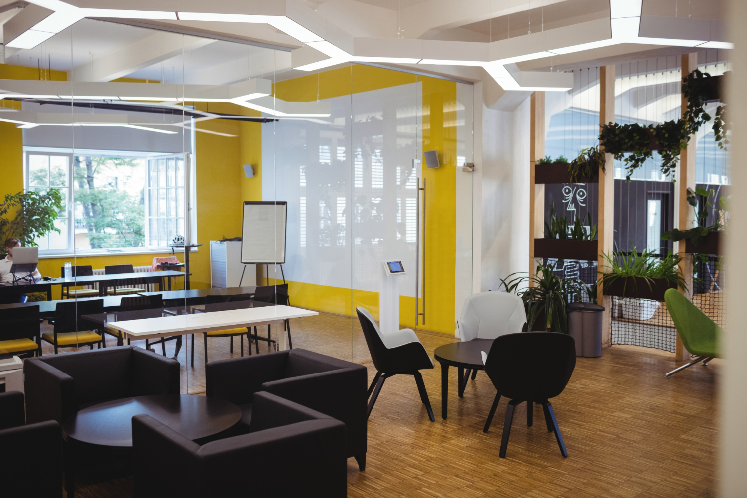 Modern office space with bright yellow accent walls, glass partitions, dark furniture, wooden floors, and abundant plants