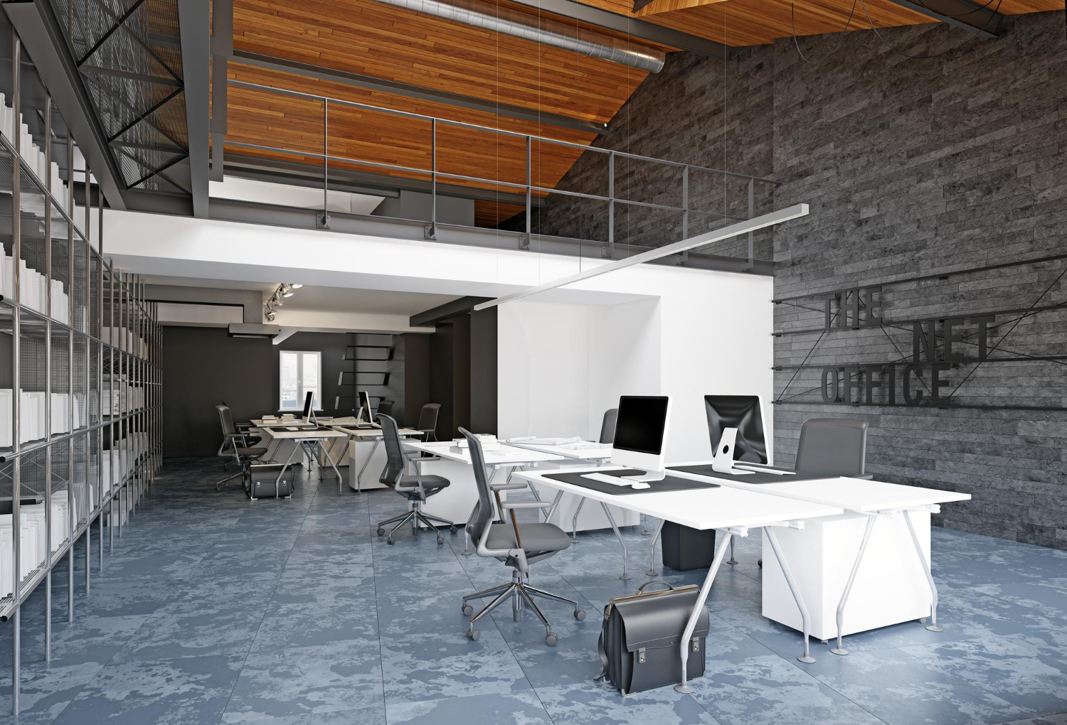Modern industrial office with white desks, gray chairs, exposed brick walls, wood ceiling, and polished concrete floors