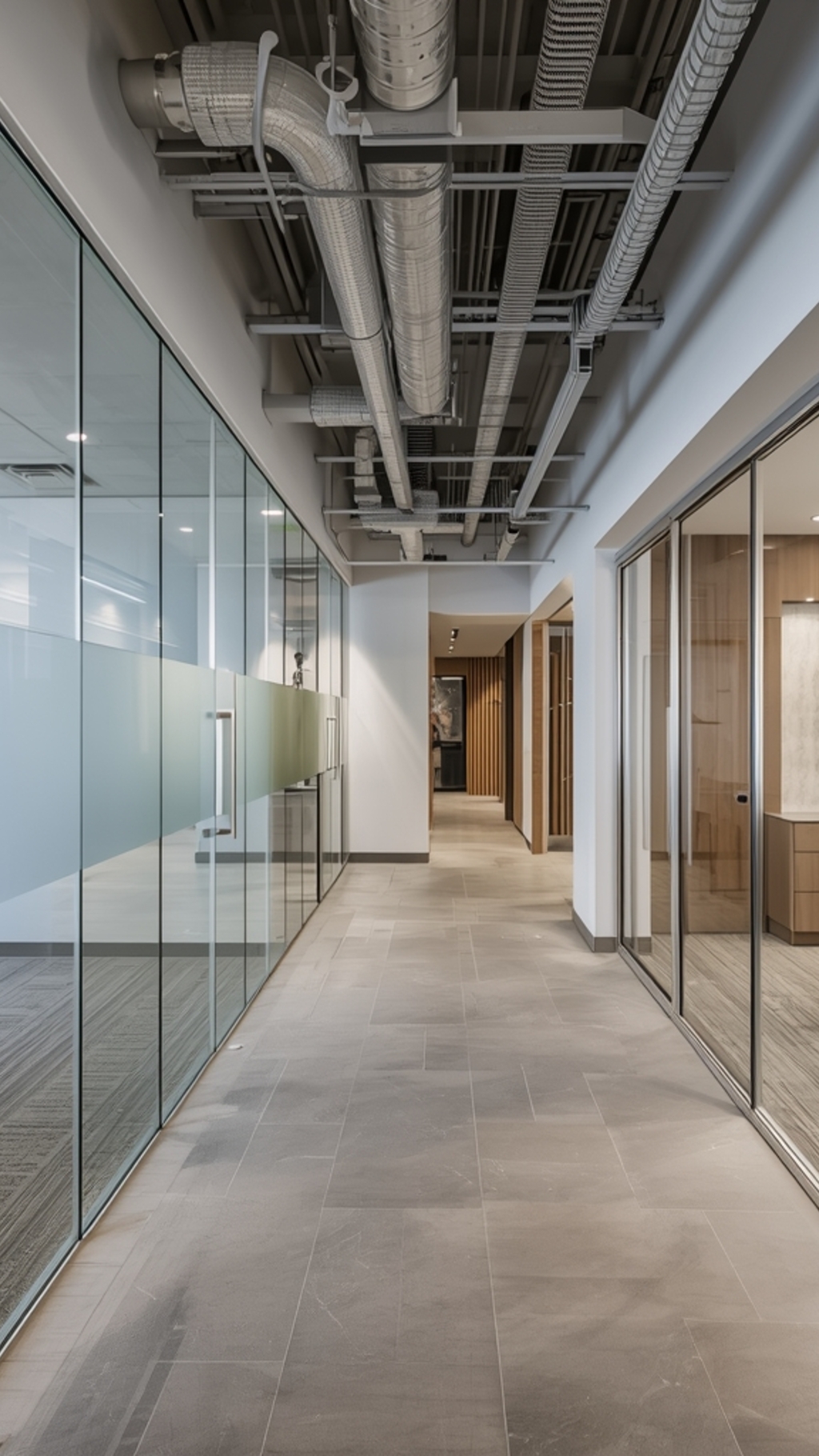 Modern office hallway with exposed HVAC ceiling, glass-walled conference rooms, and gray tile flooring in commercial space