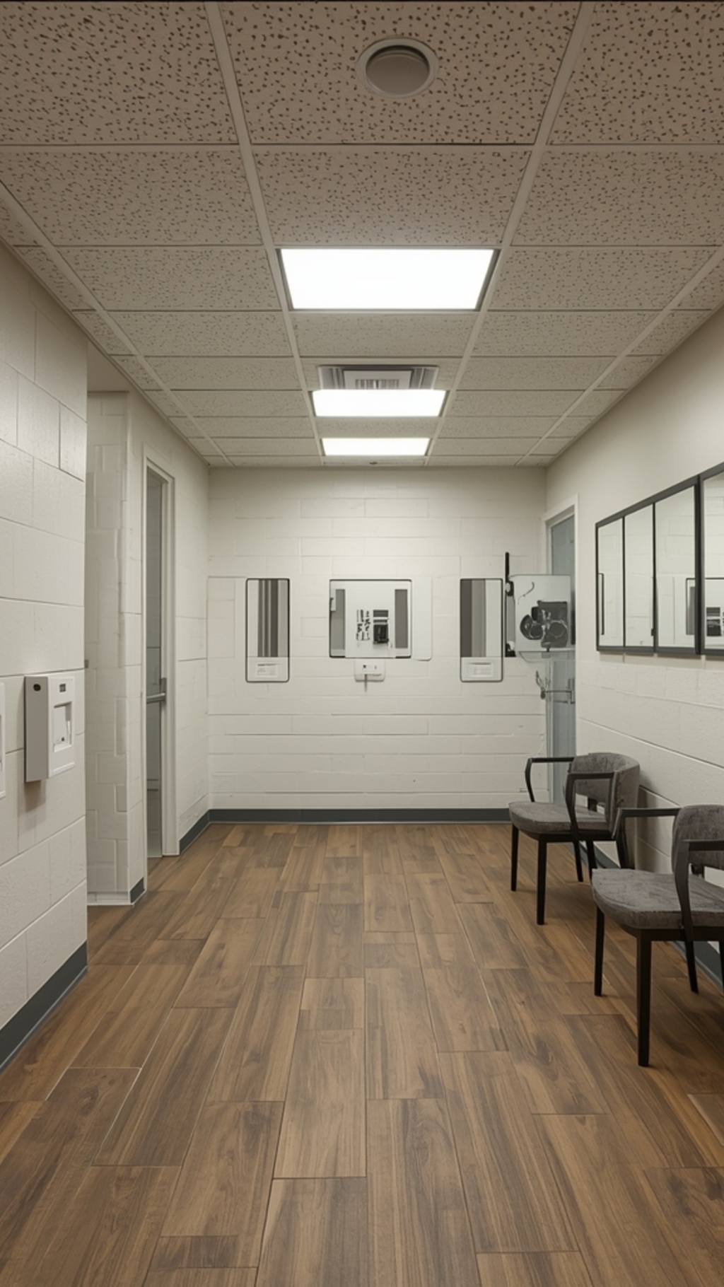 Modern commercial hallway with white block walls, wood-look flooring, drop ceiling, and gray upholstered chairs