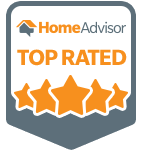 HomeAdvisor Top Rated badge with five orange stars on gray shield background for construction and remodeling services